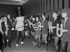 Vancouver civic election at TEAM headquarters at the Bayshore. Mr. Peanut (aka artist Vincent Trasov) and the Peanettes. November 29, 1974. Ralph Bower/Vancouver Sun (74-4192) [PNG Merlin Archive]