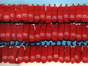 Olympic mittens for sale at HBC downtown branch.