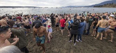 The Vancouver Parks Board holds the 100th annual Polar Bear Swim at English Bay beach