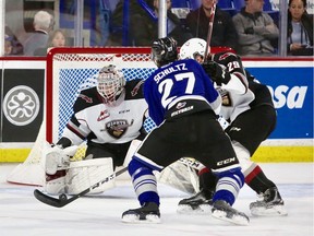 Vancouver Giants netminder David Tendeck makes a save in Wednesday's 1-0 loss to the Victoria Royas at the Langley Events Centre. Photo: Rik Fedyck, Vancouver Giants