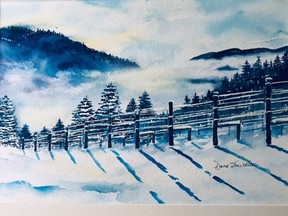 Lang Vineyards has made a commitment to art each month. In January 2020, Dona Smithson is showing a winter scene in watercolour. Pictured is Winter Vines. Smithson is an active member of the Federation of Canadian Artists and the Naramata Arts Studio.