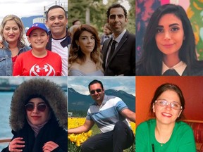This collage of photos depicts some of the B.C. residents that were named on the list of passengers for Ukraine International Airlines Flight PS752, bound for Ukraine, which crashed shortly after takeoff from Tehran, Iran on Wednesday, Jan. 8, 2020. From top left, counter clockwise: dad Ardalan Evnoddin-Hamidi, 48, mom Niloofar Razzaghi, 45, and, son Hamyar Ebnoddin Hamidi, 15, of Coquitlam; North Vancouver couple Mohammad Saket and Fatemeh Kazerani (right); student Delaram Dadashnejad; former UBC student Zeynab Asadi Lari; former UBC student Mohammad Asadi Lari; and Dr. Firouzeh Madani.