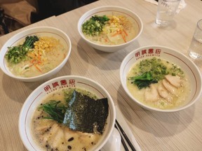 Bowls of ramen at Akedo Showten Ramen+Gyoza in Langley.