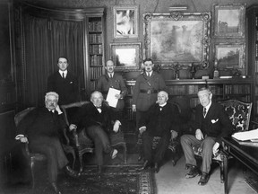 British Prime Minister David Lloyd George (left), Italian Premier Vittorio Orlando, French Premier Georges Clemenceau, and U.S. President Woodrow Wilson at the Paris Peace Conference, 1919.