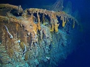 This August 2019 photo shows the latest image of the side of RMS Titanic which rests 3,810 meters below the Atlantic Ocean, and 595kms south of Newfoundland, Canada.