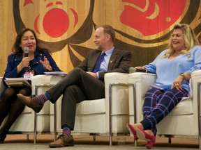 Moderator Lana Eagle, left, addresses questions to the panel on interpreting the UN Declaration on the Rights of Indigenous People to panelists Doug Caul, deputy minister of Indigenous relations and reconciliation, and Celeste Haldane, chief commissioner for the B.C. Treaty Commission during a session at the Association for Mineral Exploration's 2020 Roundup Conference.