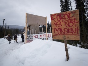 A checkpoint at a bridge leading to a First Nation camp near Houston, B.C., on Jan. 16, 2020.