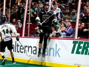 Mitch Jones of the Vancouver Warriors celebrates a shorthanded goal on Friday against the Colorado Mammoth. The Warriors won their second National Lacrosse League game of the season with a 7-5 win at Rogers Arena.