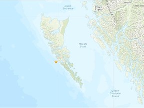 This is a screen grab from the U.S. Geological Survey, which shows the location of the small earthquake Monday night in Haida Gwaii. [PNG Merlin Archive]