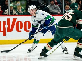 Jan 12, 2020; Saint Paul, Minnesota, USA; Vancouver Canucks forward Brock Boeser (6) shoots during the third period against the Minnesota Wild at Xcel Energy Center. Mandatory Credit: Brace Hemmelgarn-USA TODAY Sports