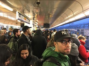 SkyTrain is single tracking between Main and Commercial. Both platforms are packed as passengers wait Thursday, Jan. 2.