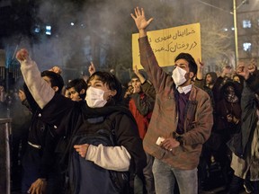 Iranians protest on Jan. 11, after the Iranian government admitted to having shot down a Ukrainian passenger jet by mistake.