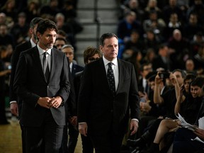 Prime Minister Justin Trudeau and Alberta Premier Jason Kenney attend a memorial service at the University of Alberta on Jan. 12, 2020 for the victims of a Ukrainian passenger plane that crashed in Iran.
