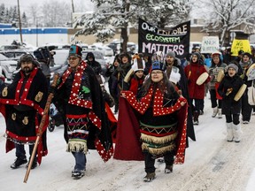 Wet'suwet'en hereditary chiefs from left, Rob Alfred, John Ridsdale, centre and Antoinette Austin, who oppose the Coastal Gaslink pipeline take part in a rally in Smithers B.C., on Friday Jan.10, 2020.