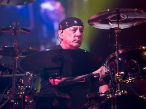 Drummer Neil Peart performs during a Rush concert at the Scotiabank Saddledome in Calgary, Alta., on Wednesday, July 15, 2015. It was part of the legendary Canadian band's R40 Live 40th Anniversary Tour.