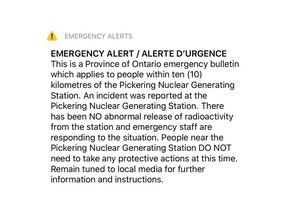 An emergency alert concerning the Pickering nuclear power plant sent on January 12, 2020.