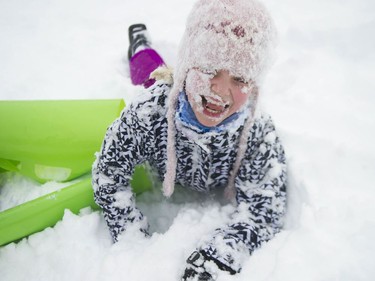 Emily Payne,9, takes advantage of the conditions at Pioneer Park on Burke Mountain in Coquitlam, BC.