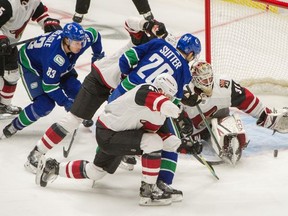 Vancouver Canucks Brandon Sutter shoots the puck on Arizona Coyotes goalie Adin Hill in NHL action at Rogers Arena in Vancouver, BC, January 16, 2020.