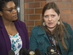 Latoya Farrell, staff counsel for the B.C. Civil Liberties Association (left) and  Meghan McDermott, the association's policy director, talk about their concerns with the Vancouver Police Department's new identity check guidelines.