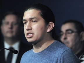 Squamish representative Khelsilem speaks at a press conference as the City of Vancouver, UBC and the Musqueam, Squamish and Tsleil-Waututh Development Corporation (MST-DC) join forces to advocate for the completion of a SkyTrain line all the way to UBC as soon as possible, in Vancouver, BC., January 29, 2020.