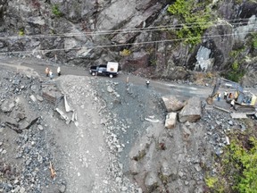 The damage from a rockslide on Highway 4 between Port Alberni and Tofino and Ucluelet is seen on Friday, Jan. 24, 2020.