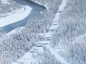 Aerial photos taken by Coastal GasLink along a forestry road show dozens of trees have been felled and are blocking the road, which leads to a Coastal GasLink work camp, an hour from Houston, B.C.