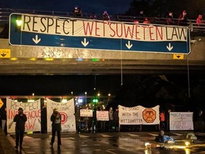 Demonstrators block Highway 17 just outside the B.C. Ferries Swartz Bay terminal.