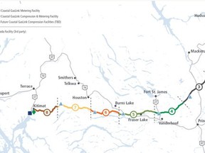 A map showing the route of the Coastal GasLink project taken from a Dec. 16, 2019 project update issued by Coastal GasLink Pipeline Project and TC Energy.