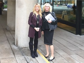 Former People's Party of Canada candidate Laura-Lynn Tyler Thompson, left, and transgender activist Jenn Smith outside B.C. Supreme Court in Vancouver on Wednesday.