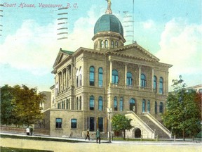 A postcard of the old Vancouver courthouse at Camble and Hastings, where the Morton/Vincent trial would have been held in 1894.