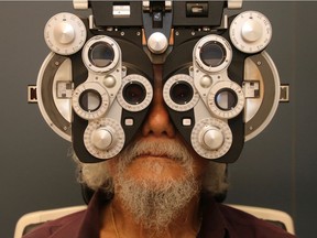 David Suzuki undergoes an eye exam, one of the many tests he put his 83-year-old self through for a new The Nature of Things episode on aging.