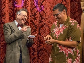 Shawn Farquhar, left, performs a speakeasy magic show somewhere in Chinatown until the end of March (and perhaps beyond).