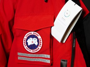 A label displays a temperature rating on a parka, inside the new Canada Goose Holdings Inc. store in Montreal, Quebec, Canada