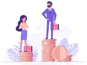 Businessman and businesswoman are standing on stacks of coins representing wages level. Gender gap and inequality in salary. Sexism and discrimination. Getty Images/iStockphoto [PNG Merlin Archive]