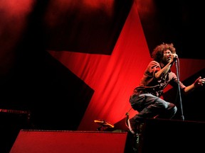 Singer Zack de la Rocha of Rage Against the Machine performs at L.A. Rising at the L.A. Memorial Coliseum on July 30, 2011 in Los Angeles.