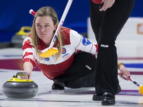 Team Canada skip Chelsea Carey makes a shot during draw 1 against team Northern Ontario at the Scotties Tournament of Hearts in Moose Jaw, Sask., Saturday, Feb. 15, 2020. (THE CANADIAN PRESS/Jonathan Hayward)