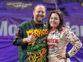 Father-daughter monster trucking duo Darren and Kaylyn Migues drive Dragon and the Monster Mutt Dalmatian, respectively.