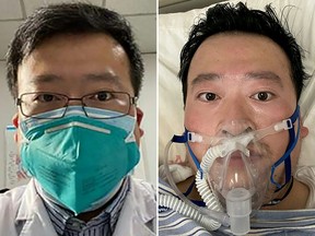 This combination Chinese coronavirus whistleblowing doctor Li Wenliang whose death was confirmed on Feb. 7 at the Wuhan Central Hospital, China.