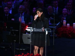 Vanessa Bryant weeps while delivering her speech during the memorial to celebrate the life of Kobe Bryant and daughter Gianna Bryant at Staples Center in Los Angeles on Feb. 24, 2020.