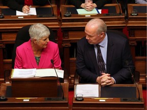 Minister of Finance Carole James and Premier John Horgan share a word before she delivers the budget speech from the legislative assembly at B.C. Legislature in Victoria, B.C., on Tuesday, February 18, 2020.