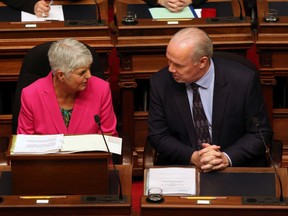 Minister of Finance Carole James and Premier John Horgan after delivering the budget in Victoria.