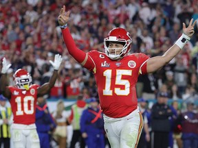 Patrick Mahomes of the Kansas City Chiefs celebrates after throwing a touchdown pass against the San Francisco 49ers during Super Bowl LIV at Hard Rock Stadium on Feb. 2, 2020, in Miami.