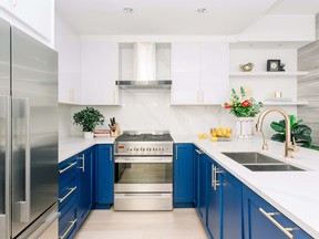 Pantone’s colour of the year, Classic Blue, is highlighted in this kitchen by Sarah Gallop Design Inc.