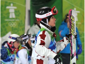 Canadian Jennifer Heil waits for her score after competing in the 2010 Olympic Women's Mogul event at Cypress Mountain on February 13, 2010.