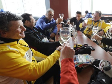 RESTRICTIONS ON USAGE - NO SALES TO OTHER PUBLICATIONS
WHISTLER,  B.C.:  February 12, 2010  Austrian team coaches hold their own celebration atop of Whistler Mountain, on the opening day of the Winter games   here Whistler, B.C. on Feb 12, 2010. Mark van Manen/PNG)  see Gary Kingson Sun Sports  Vancouver Sun. /Province Sports games stories  CNS-OLY-SKI.jpg [PNG Merlin Archive]