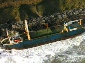 A handout taken from footage released by the Irish Coast Guard on February 17, 2020 and recorded on February 16, 2020 shows the abandoned MV Alta cargo ship on the rocks off the coast of Ballycotton near Cork in Ireland.