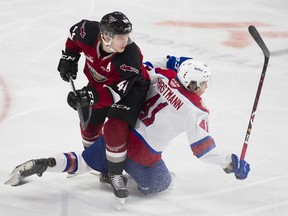 Vancouver Giants star defenceman Bowen Byram, left. Byram insists he’s not getting caught up in all the NHL trade noise.