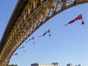 Activists form an aerial bridge blockade in the path of Trans Mountain oil-tanker traffic in 2018.