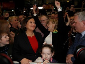 Sinn Fein leader Mary Lou McDonald looks on as supporters cheer at a count centre, during Ireland's national election, in Dublin, Ireland, on Feb. 9, 2020.