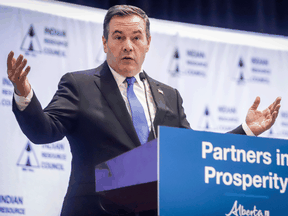 Alberta Premier Jason Kenney speaks at the Indigenous Participation in Major Projects conference in Calgary on Feb. 26, 2020.